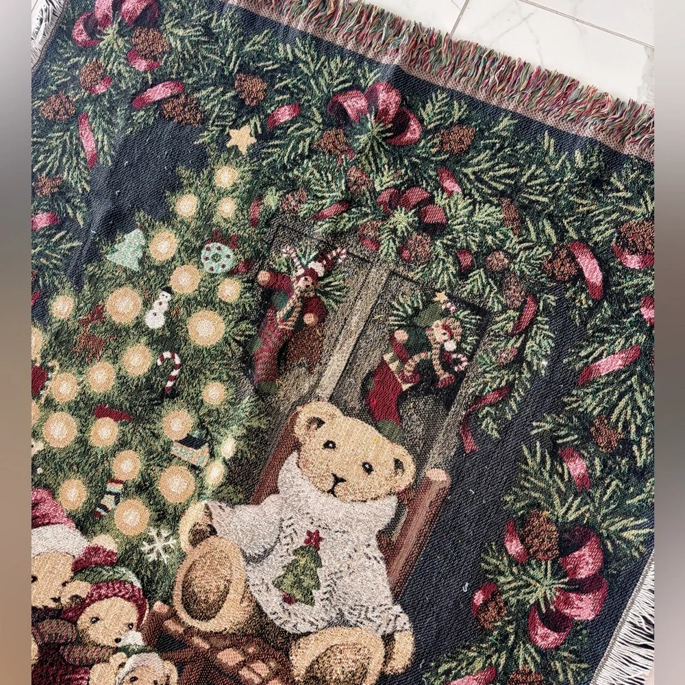 Vintage Goodwin Weavers 100% Cotton Christmas Teddy Bear Holiday Throw Blanket